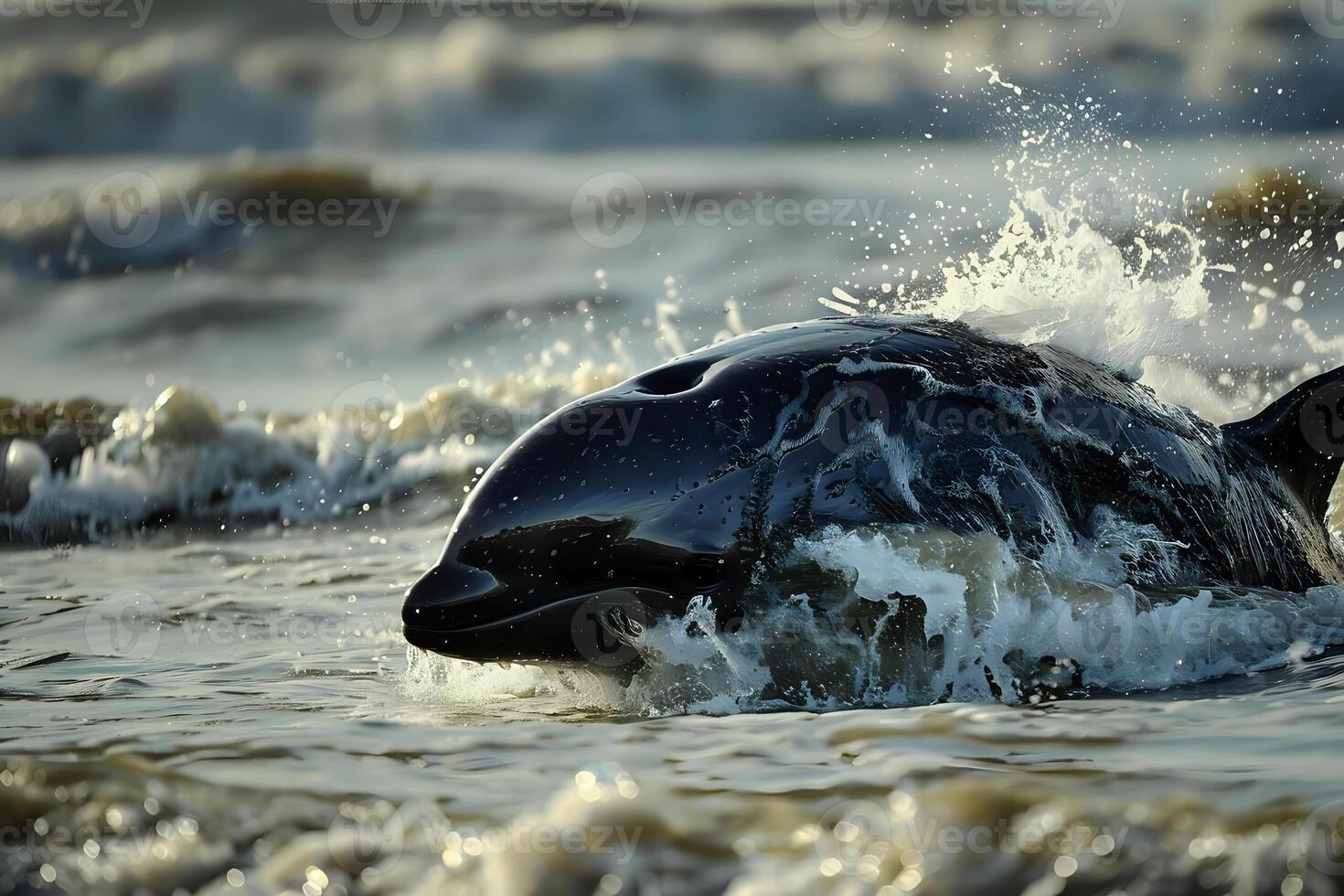 Ocean Dolphin's Graceful Ascent Through Waves. A Breathtaking Marine Mammal Display of Power and Beauty in its Natural Habitat, Majestic Aquatic Creature Exhibiting Dynamic Movement. photo