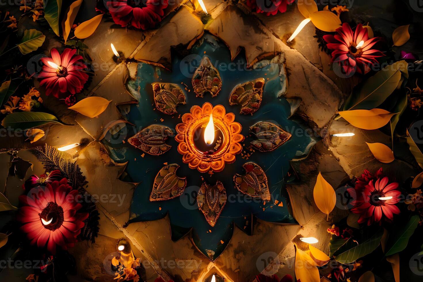 Illuminated Floral Mandala. Glowing Candles and Flowers Create a Serene, Spiritual Atmosphere with Intricate Design and Warm Ambient Lighting for Festive Celebration photo