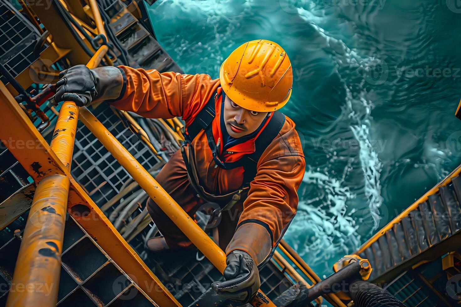 Offshore Worker Ascends Industrial Platform Ladder Over Ocean Waves, Performing Rigorous Safety Checks During Offshore Operation, Ensuring Equipment Functionality and Worker Safety photo