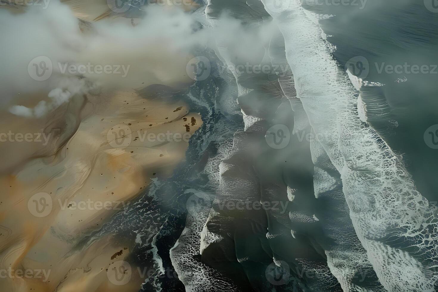 Aerial View Reveals Desert Sands Meeting Ocean Waves in a Stunning Coastal Landscape, Featuring Dramatic Cloud Formations and Textured Patterns, Showcasing Nature's Artistic Mastery photo