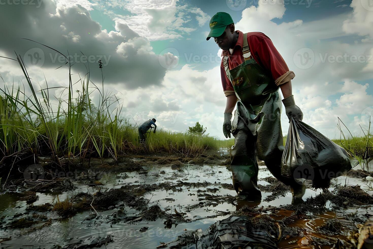Workers Collect Environmental Waste in a Swampy Area Under a Cloudy Sky, Carrying Bags of Debris Through Murky Waters While Another Worker is Visible in the Background, photo