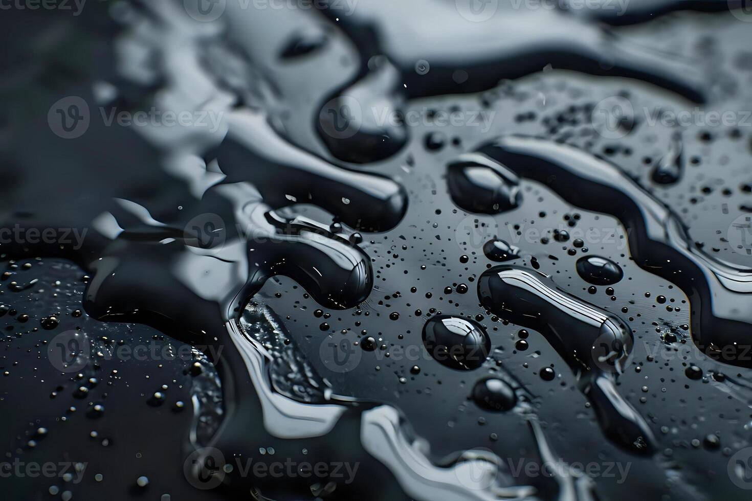 Liquid Dynamics. Water Droplets Flowing and Forming on a Dark Surface, Creating Abstract Patterns with Reflective Properties and a Smooth, Viscous Texture. the Beauty of Simple Physics in Motion. photo