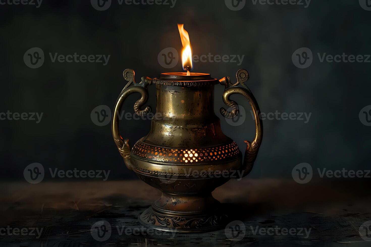 Ancient Brass Lamp Illuminates the Darkness. A Study in Intricate Design and Warm, Flickering Light, Evoking Nostalgia and Tranquility in a Dark Setting. Symbolism of Hope and Spiritual Light. photo