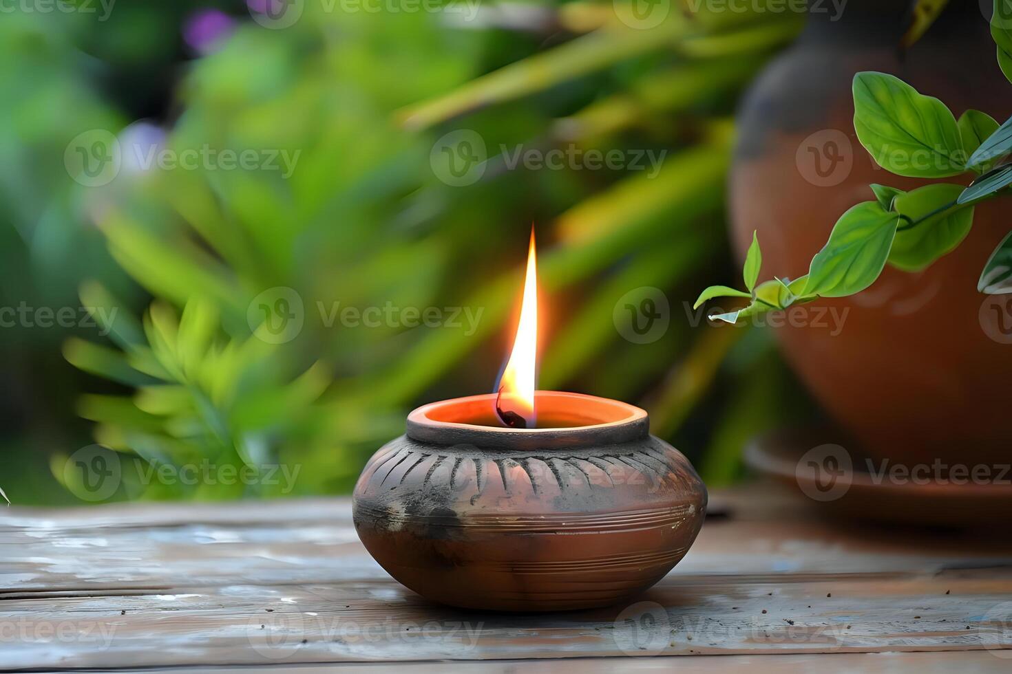 Serene Clay Lamp Illuminates Tranquil Garden Scene. A Peaceful Moment Captured in Nature's Embrace, with Glowing Flame and Rustic Pottery, Creating a Calming Atmosphere of Natural Beauty. photo
