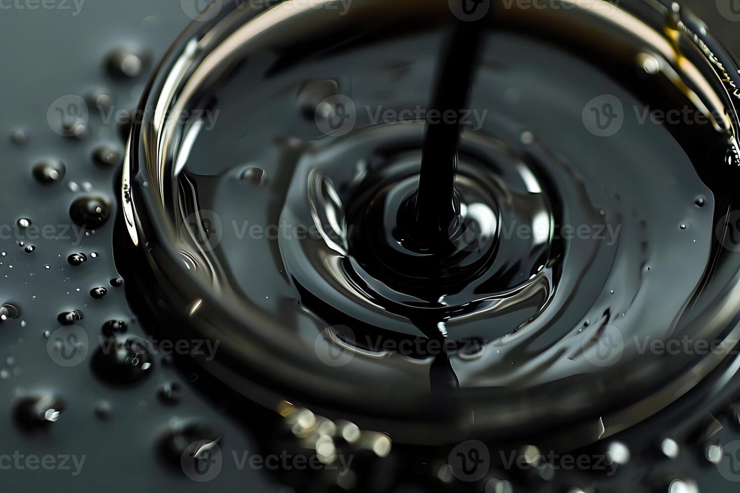 Dark Liquid Flowing Creates Abstract Swirls and Reflections. Viscous Substance in Motion, Detailed Close Up Revealing Texture and Surface Tension, Oil or Tar Dynamics Study. photo