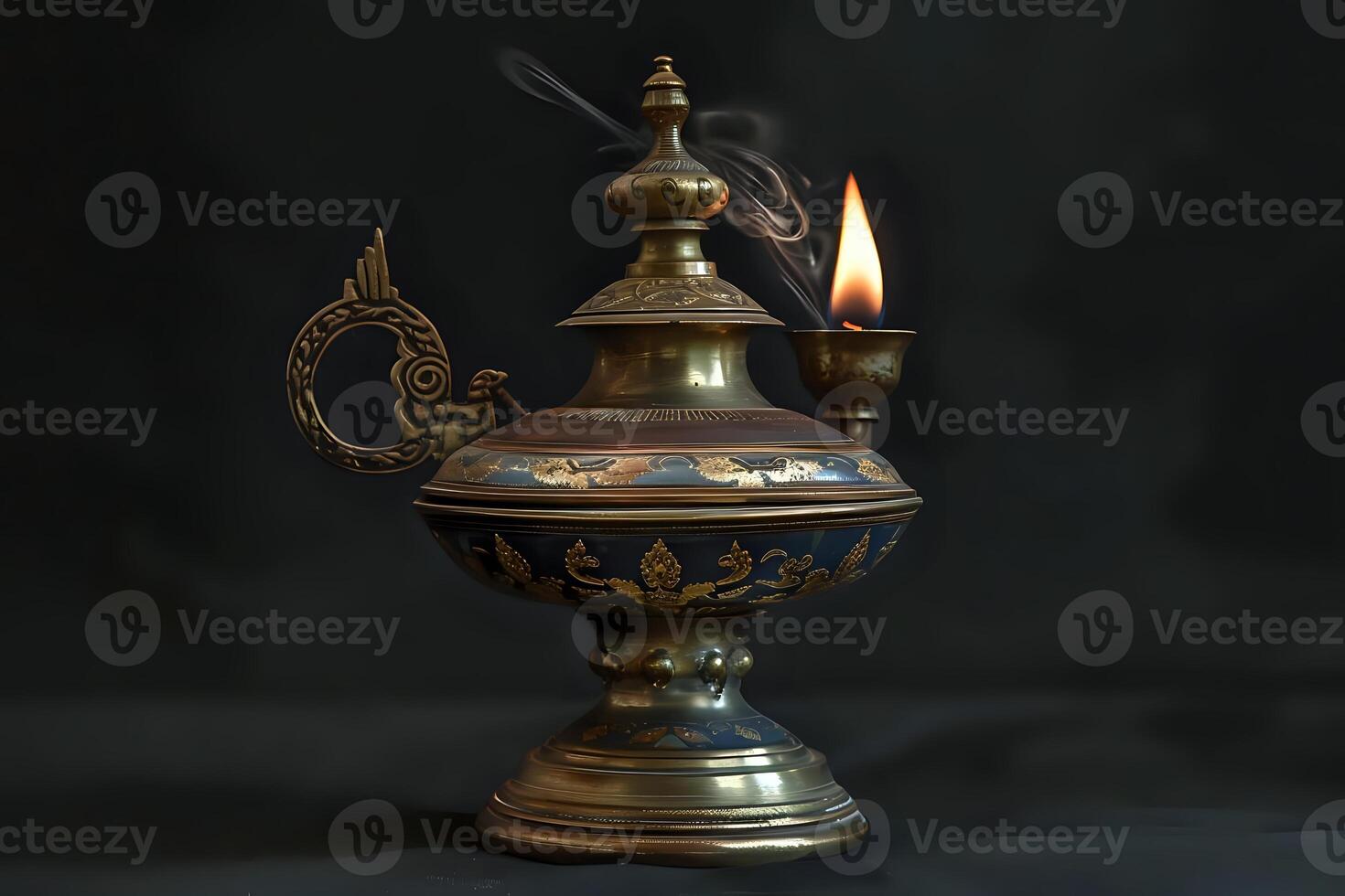 Ornate Antique Oil Lamp Burns Brightly, Illuminating Intricate Designs with Golden Accents and a Dark Blue Base, Evoking a Sense of Mystery and History. Ancient Craftsmanship and Timeless Elegance photo