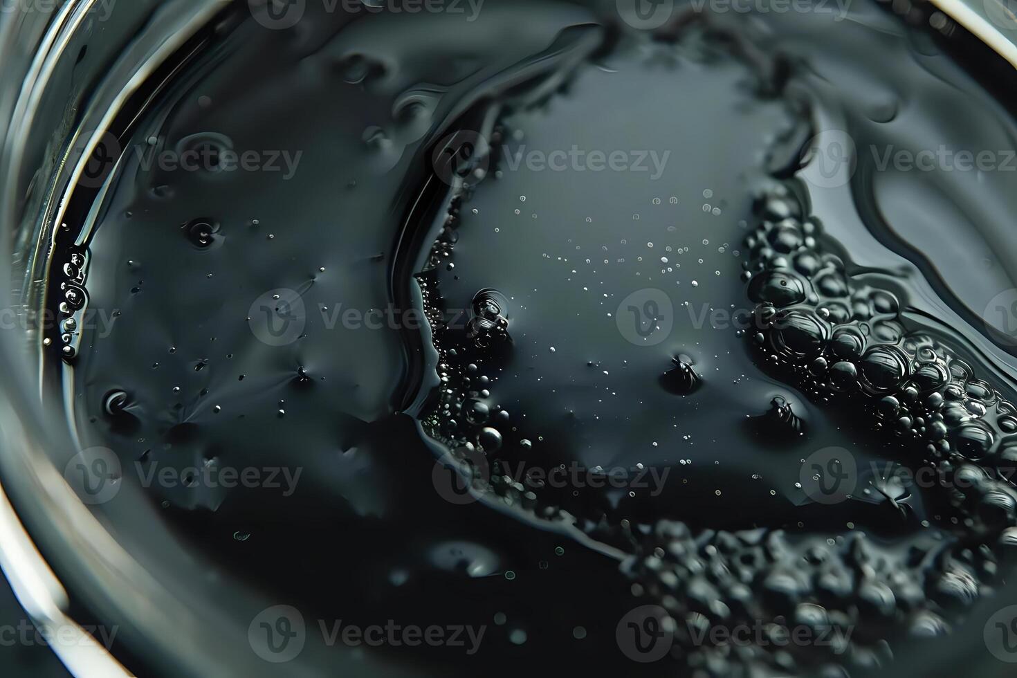 Dark Liquid Abstract. Exploring the Viscous Flow and Intricate Bubble Formations of an Unidentified Substance, Revealing a Mysterious and Captivating Deep-Sea-Like Texture with Stunning Details. photo