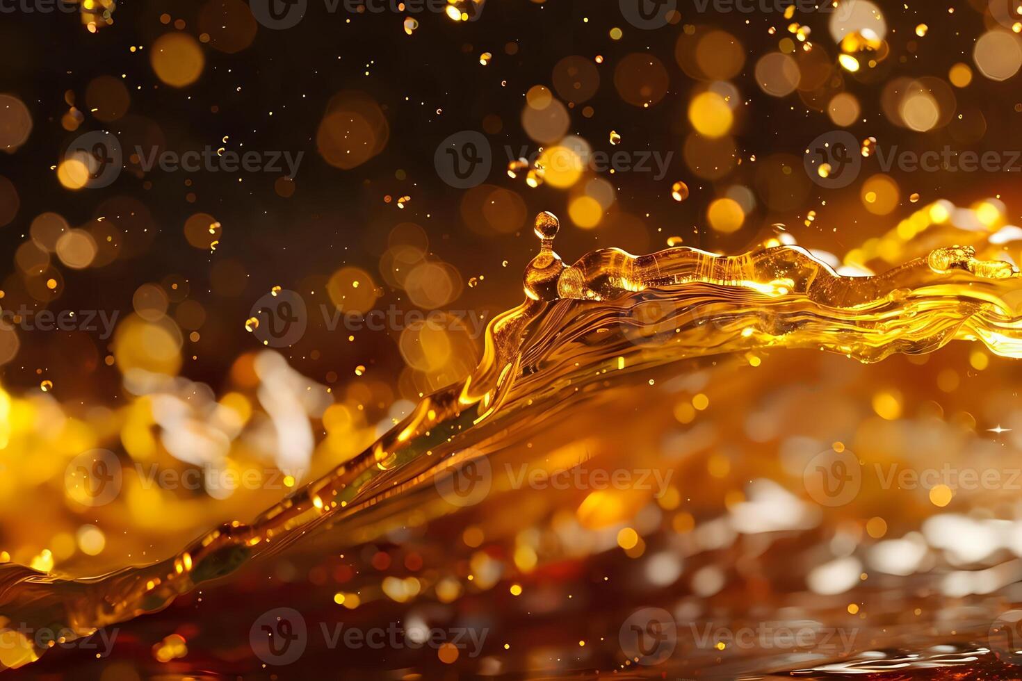 Liquid Gold. Amber Fluid Flows and Glistens, Creating a Golden Wave with Sparkling Bokeh. Abstract Drinks Photography Captures the Essence of Luxury and Opulence. photo