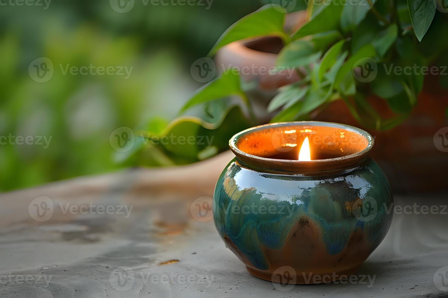 Serene Candlelight Illuminates a Rustic Ceramic Vessel, Nestled Amongst Lush Greenery Outdoors, Creating a Tranquil Atmosphere. Embracing Nature's Peaceful Serenity. photo