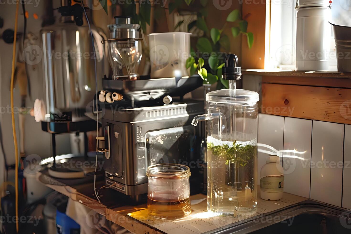 Brewing Refreshing Herbal Tea. A Sunlit Kitchen Countertop Guide to Infusing Herbs, Water, and Flavor. Crafting the Perfect Beverage for a Calm Afternoon. photo