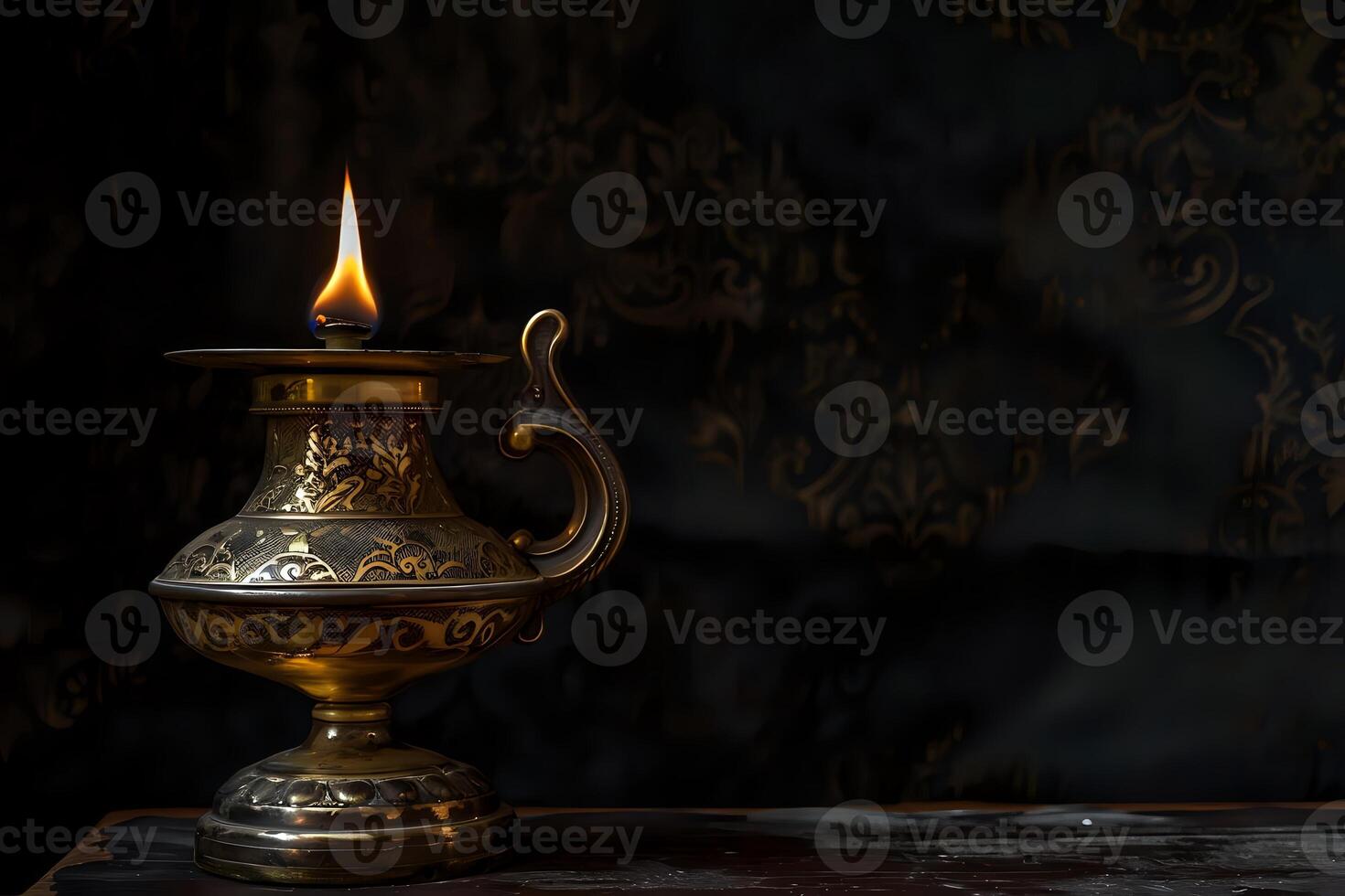 Ornate Antique Lamp Illuminates the Darkness. A Study in Golden Hues and Intricate Detailing, Evoking Feelings of Nostalgia and Serenity. photo