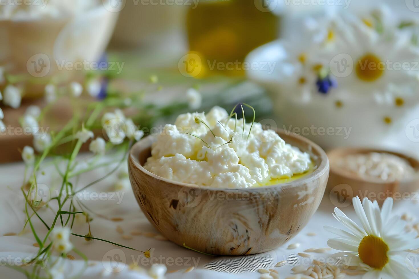 Discover the Creamy Delight. Homemade Cottage Cheese Recipe with Fresh Herbs and a Light Olive Oil Drizzle, Served Beautifully in a Rustic Wooden Bowl, for a Healthy and Delicious Meal. photo