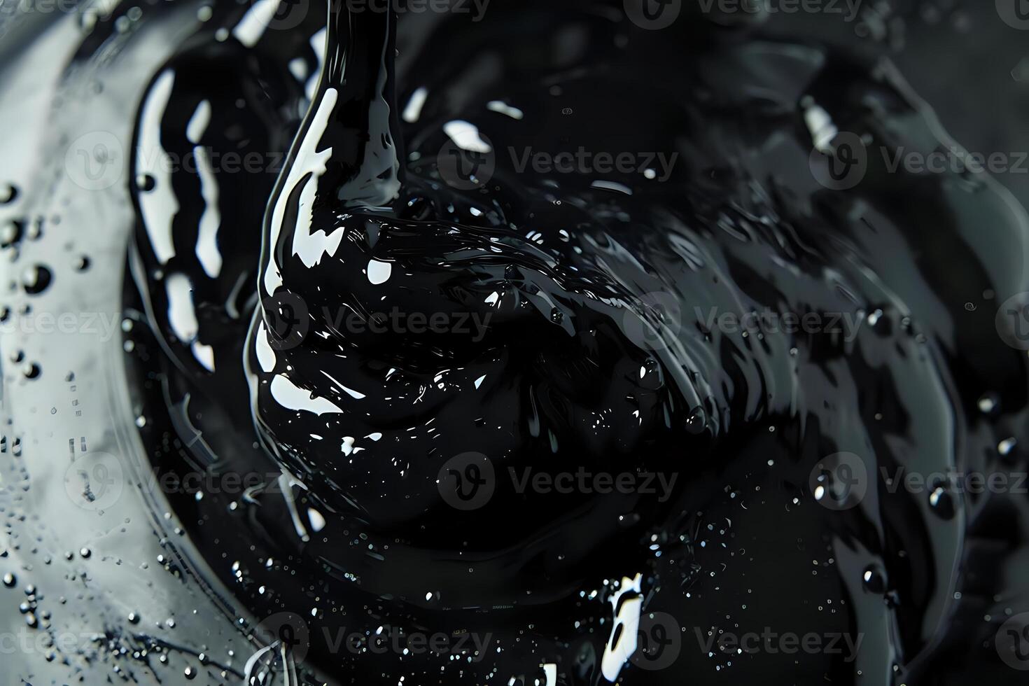 Abstract Liquid Swirls. Dark Fluid Dynamics in Motion, Viscous Black Substance Flows Elegantly, Creating Intriguing Patterns and Textures. A Study of Abstract Art with Deep, Rich Colors photo