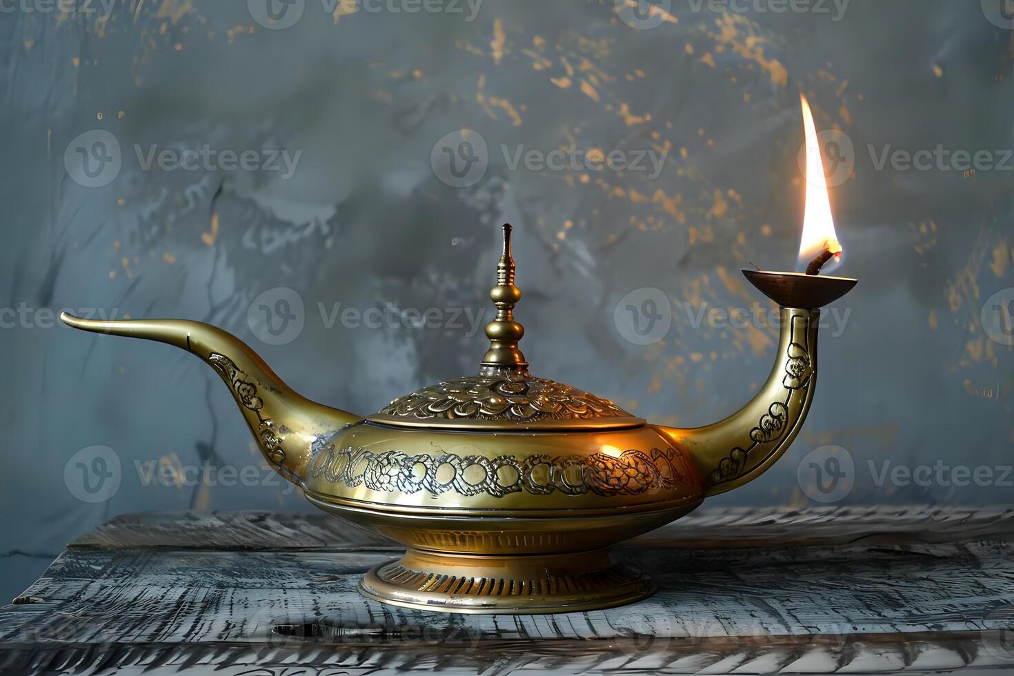 Antique Oil Lamp with Intricate Design Burns Brightly on Rustic Wood, Illuminating a Serene Atmosphere with Warm Golden Hues, Embodying Timeless Elegance and Mystical Charm. photo