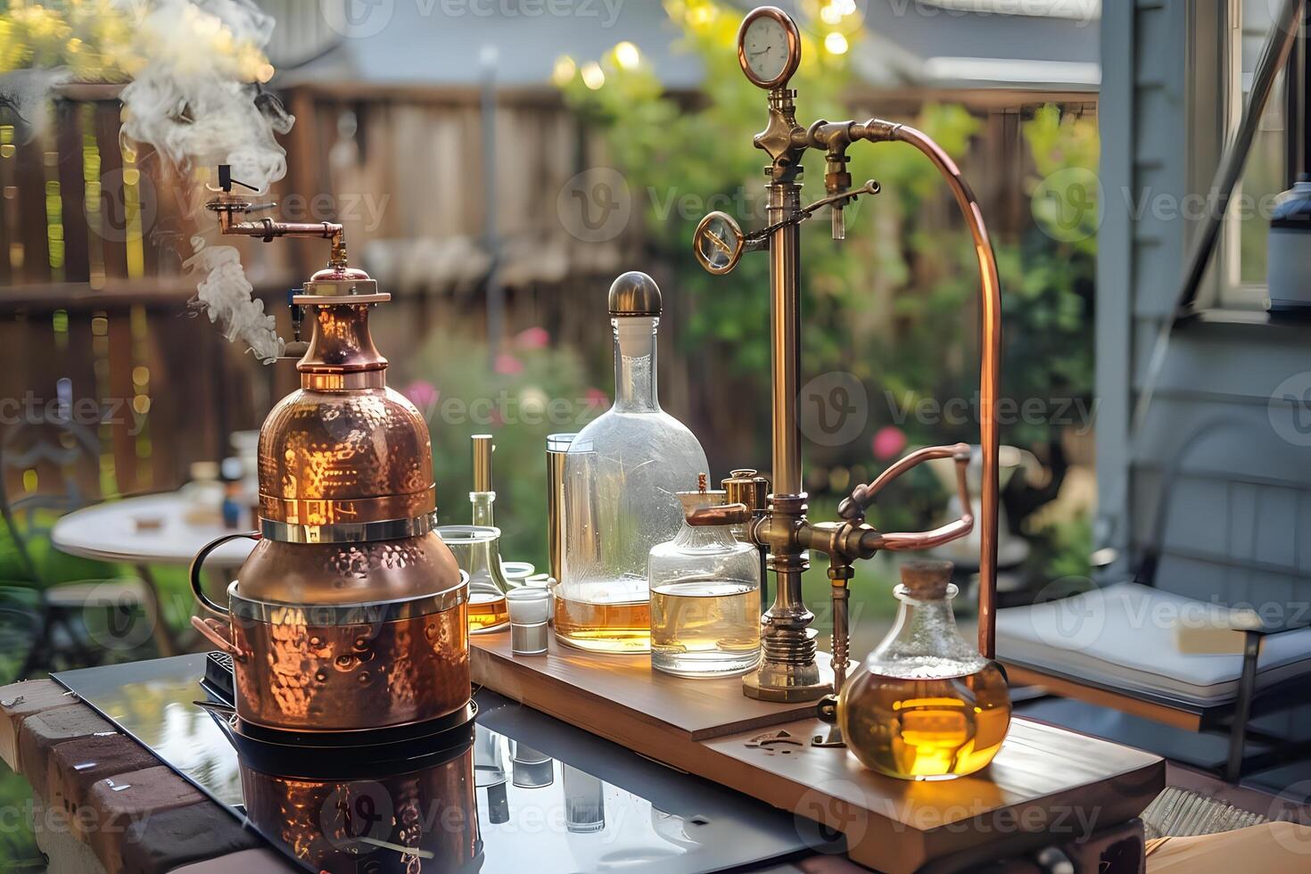 Distilling Essential Oils. A Step-by-Step Guide to Craft Homemade Aromatic Extracts Using Copper Still and Glassware Outdoors, Relaxing Hobby for Aromatic Compounds Extraction. photo