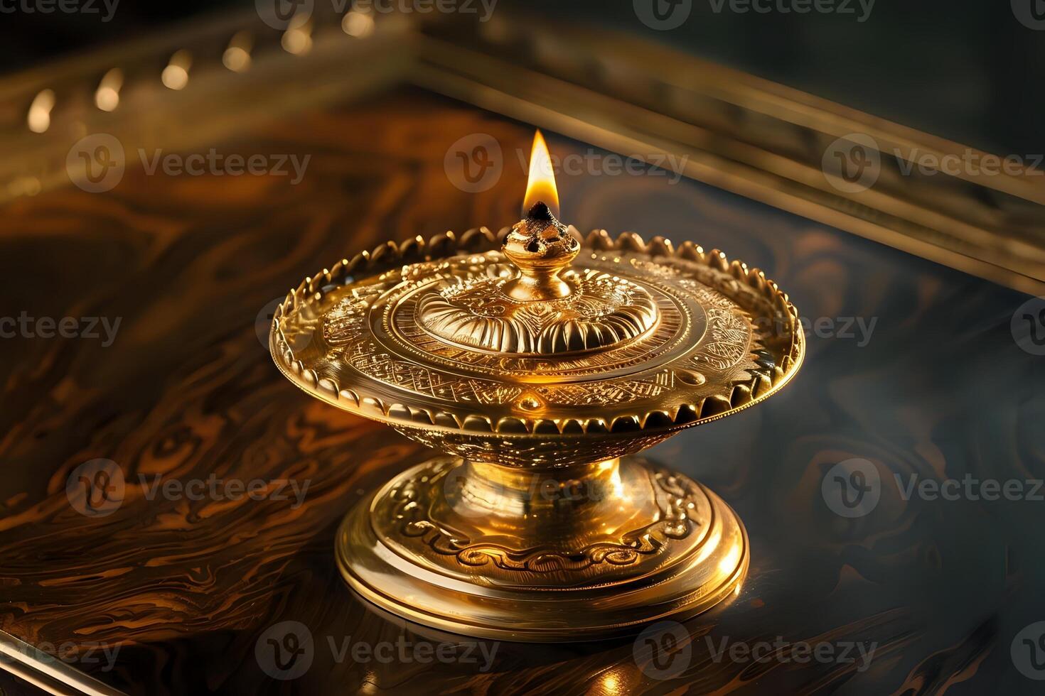 Ornate Golden Lamp Illuminates a Dark Surface. A Study in Light, Shadow, and Intricate Metalwork, Showcasing Craftsmanship and Cultural Significance, with a Focus on Symbolic Representation photo