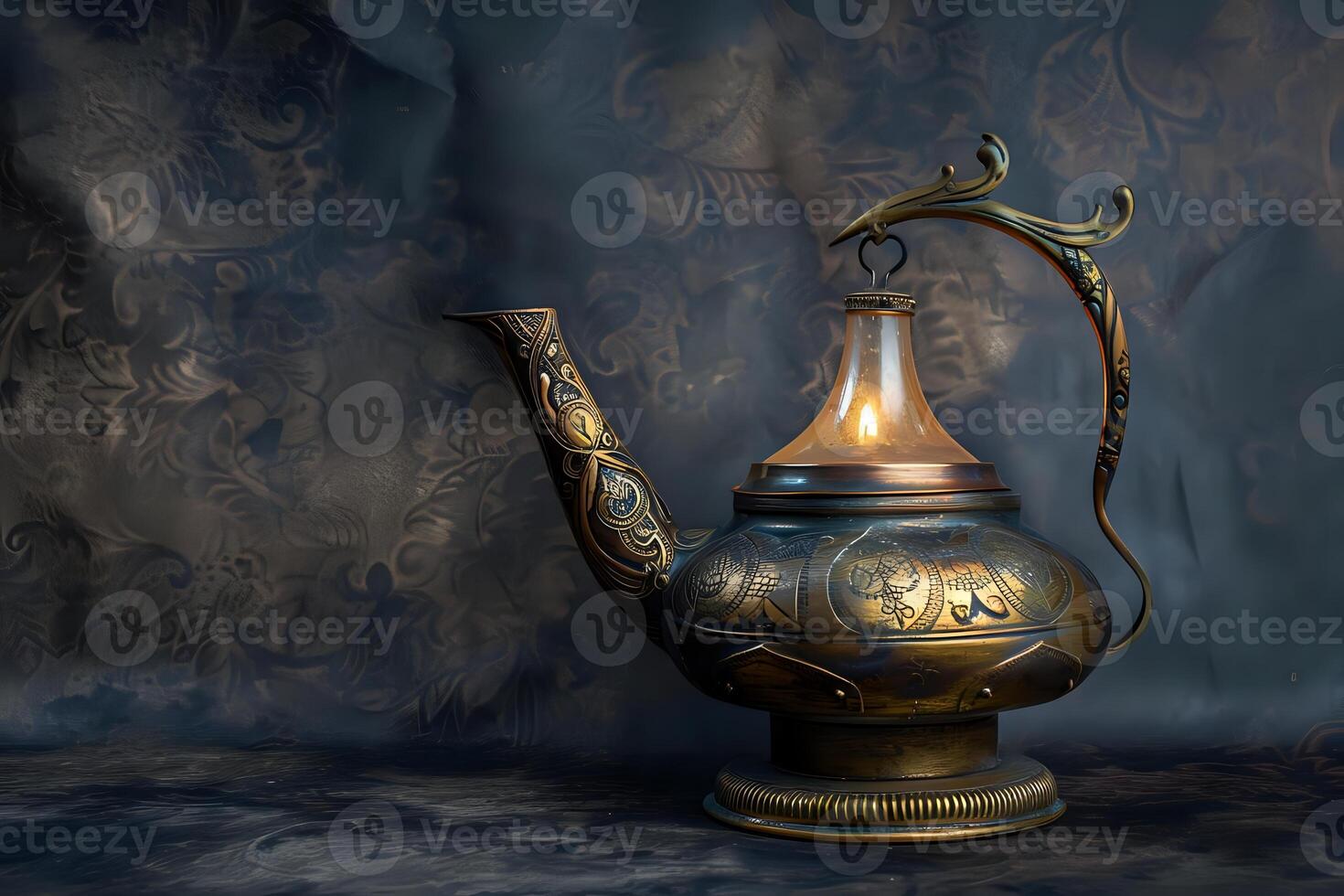 Ornate Antique Teapot Lamp Illuminates Dark Background. A Glowing, Intricate Design with Detailed Carvings, Cast in Bronze, Exquisite Craftsmanship, Mystical Atmosphere, Ancient Artifact, photo