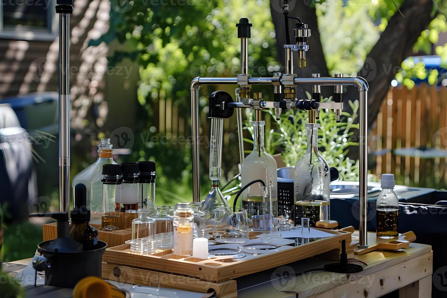 Precise Glassware Apparatus Processes Liquids with Precision Outdoors, Experimenting with Fluid Dynamics in a Tranquil Garden Setting. photo