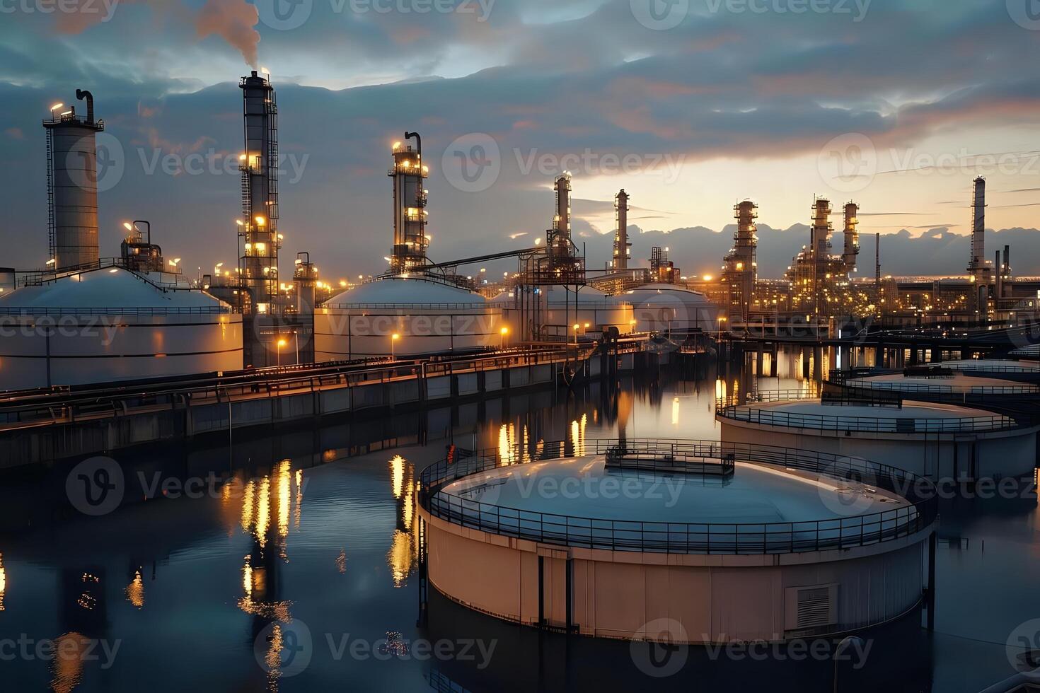 Industrial Refinery Complex at Dusk. Large Storage Tanks Reflecting Lights, Processing Towers Illuminate the Night Sky, Modern Industrial Structures, Efficient Operations and Technological Advancement photo