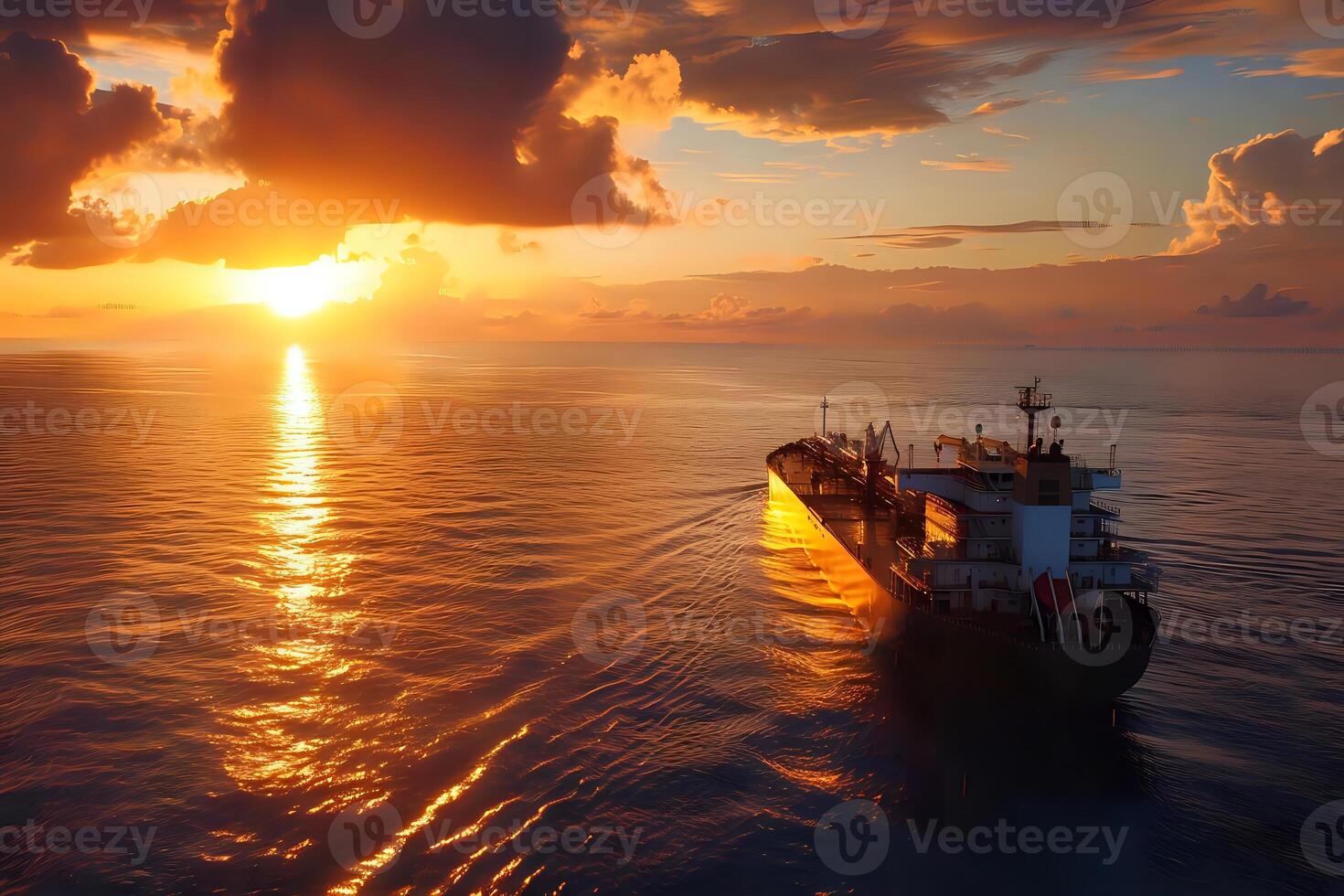 Golden Sunset. A Cargo Ship Sails Serenely Across the Ocean's Golden Waves, Reflecting the Brilliant Hues of the Setting Sun. Majestic Clouds Frame this Breathtaking Scene of Maritime Tranquility photo