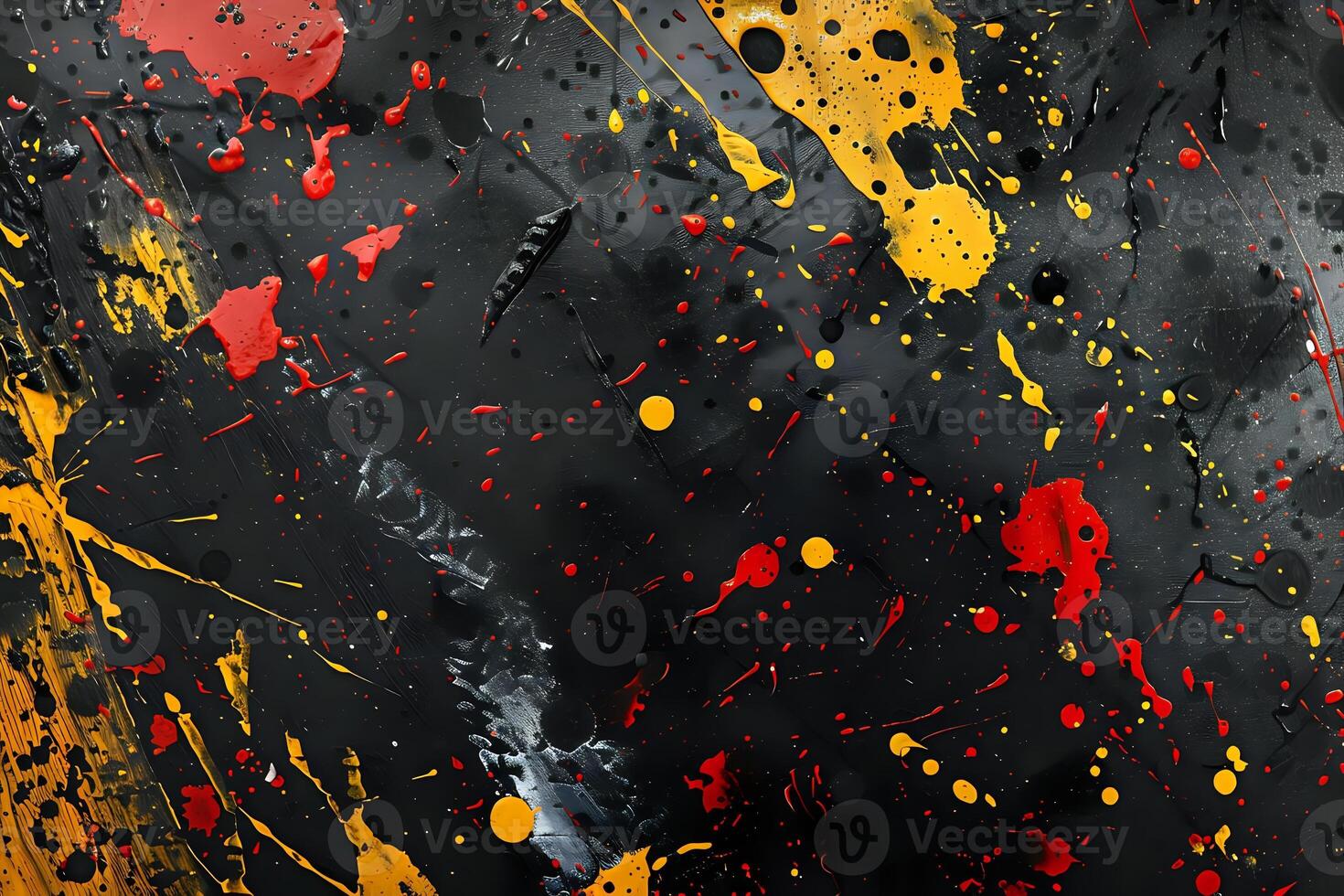 Abstract Art. Exploding Colors in a Dark Canvas, a Visual Symphony of Red, Yellow, and Black Splashes, Dynamically Arranged for Maximum Impact. A Study in Contrast and Energy. photo
