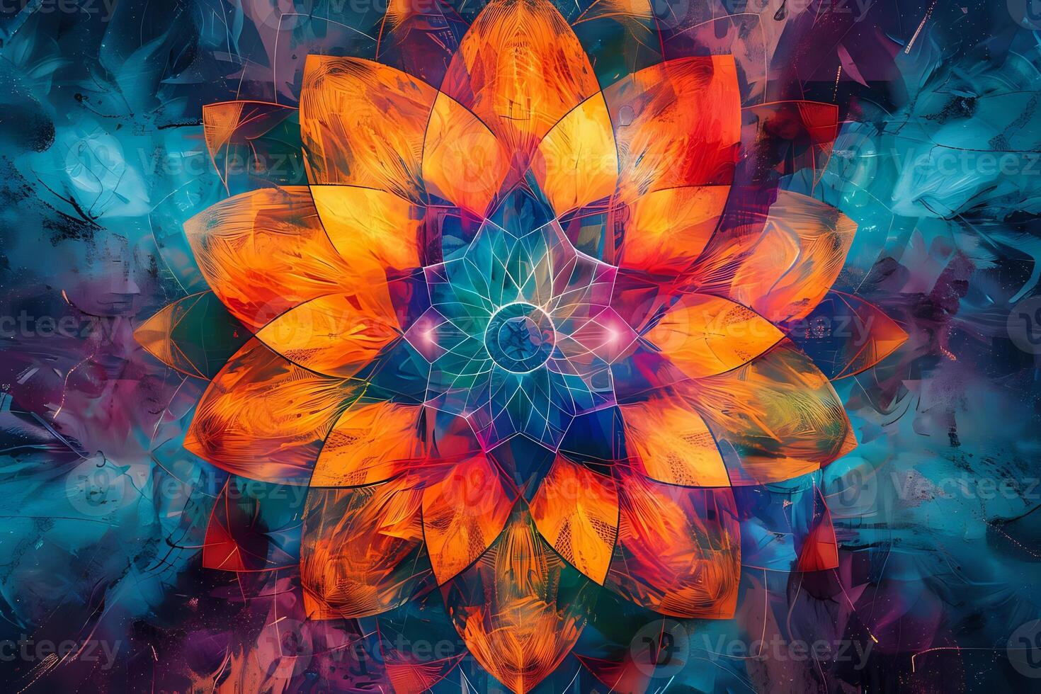 Vibrant Abstract Flower Mandala. Digital Art Explores Color and Form with Intricate Details and Dynamic Composition, Showcasing a Kaleidoscope of Hues in a Stunning Visual Symphony. photo