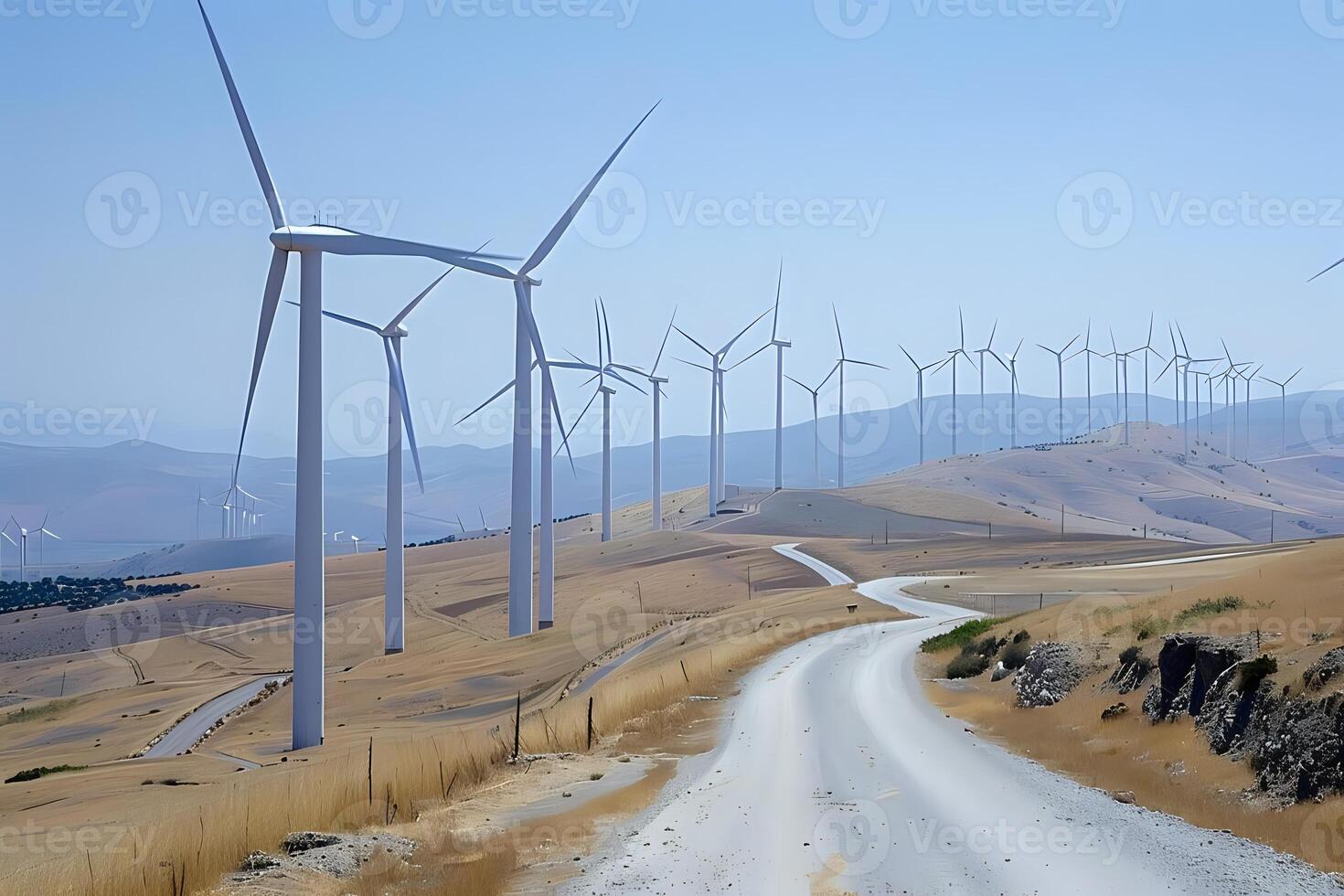 Wind Turbines Generate Clean Energy on Rolling Hills, Transforming Rural Landscapes with Sustainable Power. A Scenic Drive Reveals the Beauty of Renewable Energy Sources. photo