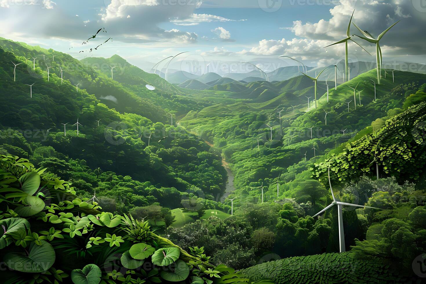 Lush Green Mountainscapes with Wind Turbines Generating Clean Energy. A Sustainable Future in Harmony with Nature, Birds Soaring Above a Tranquil Valley. photo