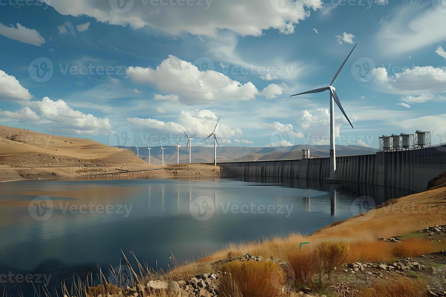 Wind Turbines Generate Clean Energy by a Serene Reservoir, Reflecting the Sky's Beauty and Providing Sustainable Power, Transforming Landscapes with Eco-Friendly Technology. Harnessing Nature's Power photo