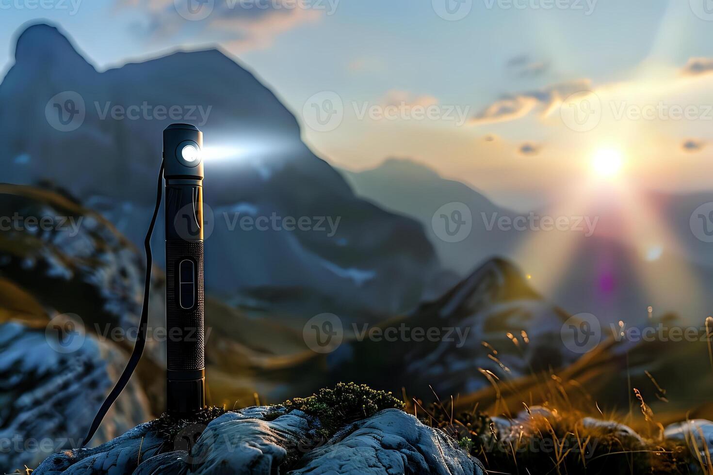 Portable LED Flashlight Illuminates Majestic Mountain Landscape at Sunset. A Breathtaking View of Nature's Beauty During Golden Hour, Capturing Serene Scenery with Powerful Illumination. photo