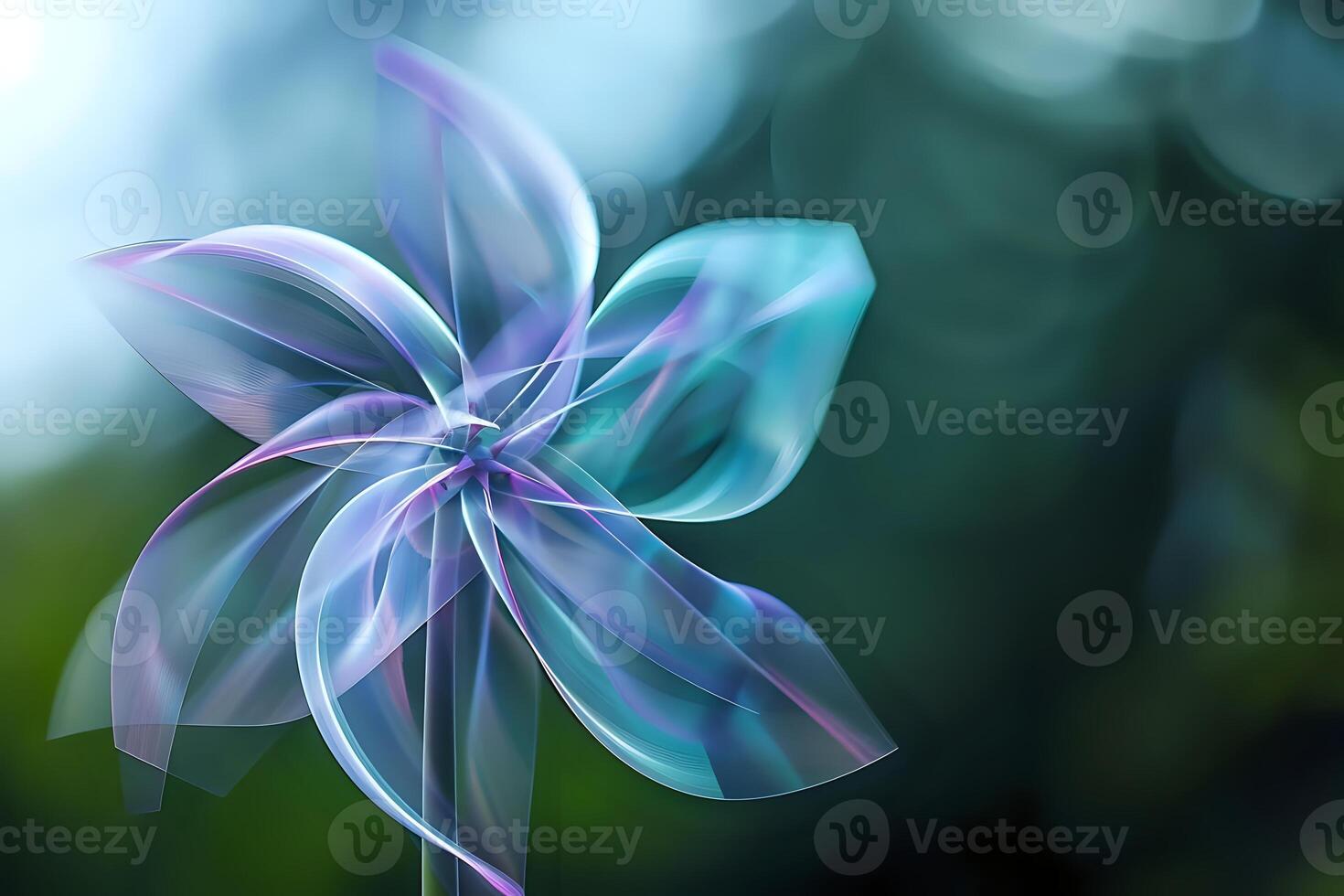 Abstract Teal and Purple Pinwheel Flower. A Digital Artwork of a Rotating, Translucent Floral Design with a Soft, Dreamlike Quality, Evoking Feelings of Serenity and Calm. Nature-Inspired Design. photo