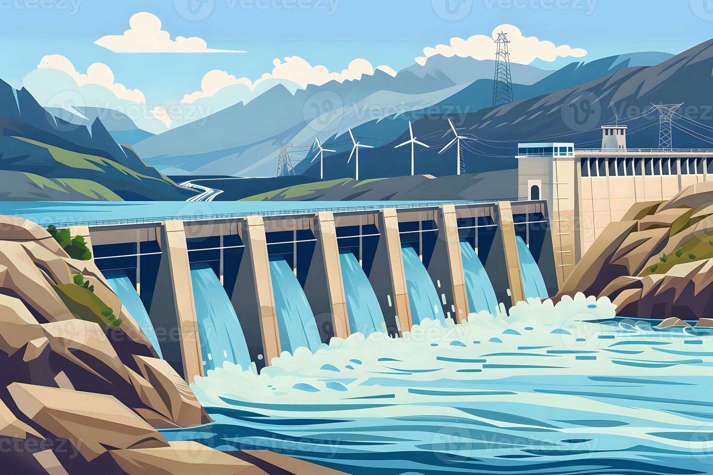 Majestic Dam Generates Hydropower. Water Flows Powerfully Through Gates, Supplying Clean Energy to Surrounding Communities, Renewable Resource Efficiently Harnessing Nature's Power photo