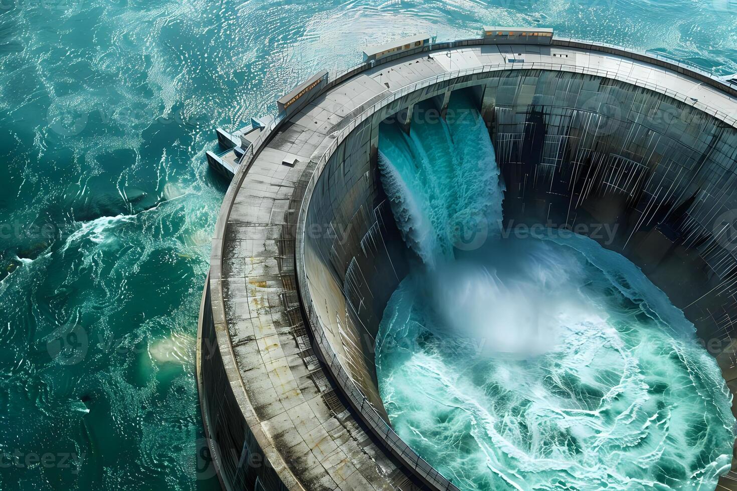 Hydroelectric Dam. Water Power Generation, Energy Production from a Dam's Release, Overflowing Water Creates Powerful Current, Sustainable Energy Source, Renewable Energy, Clean Energy photo