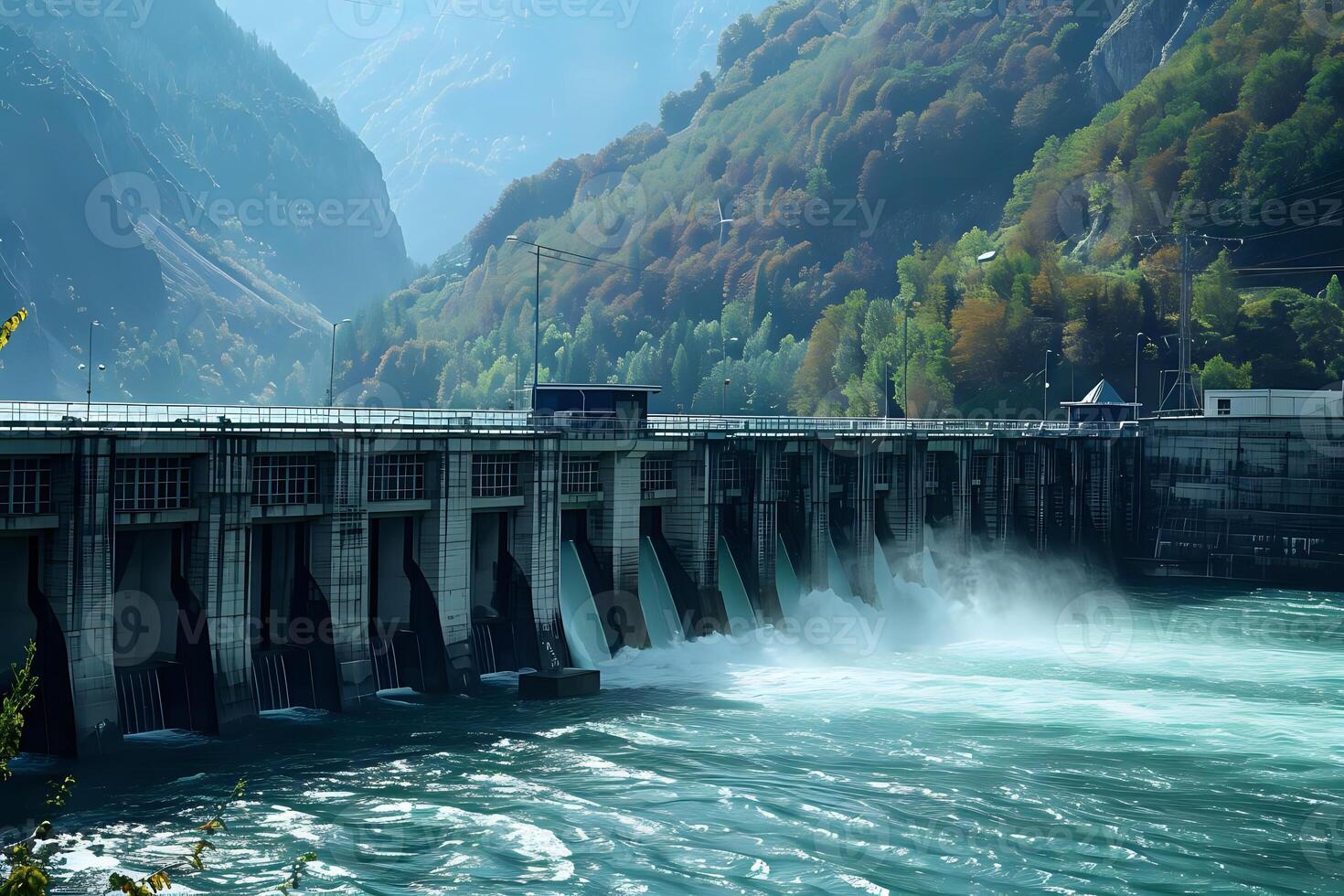 Hydroelectric Dam. Powerful Water Generates Clean Energy in Mountainous Landscape, Providing Sustainable Power for Communities and Industries. Renewable Resource Shows Environmental Responsibility photo