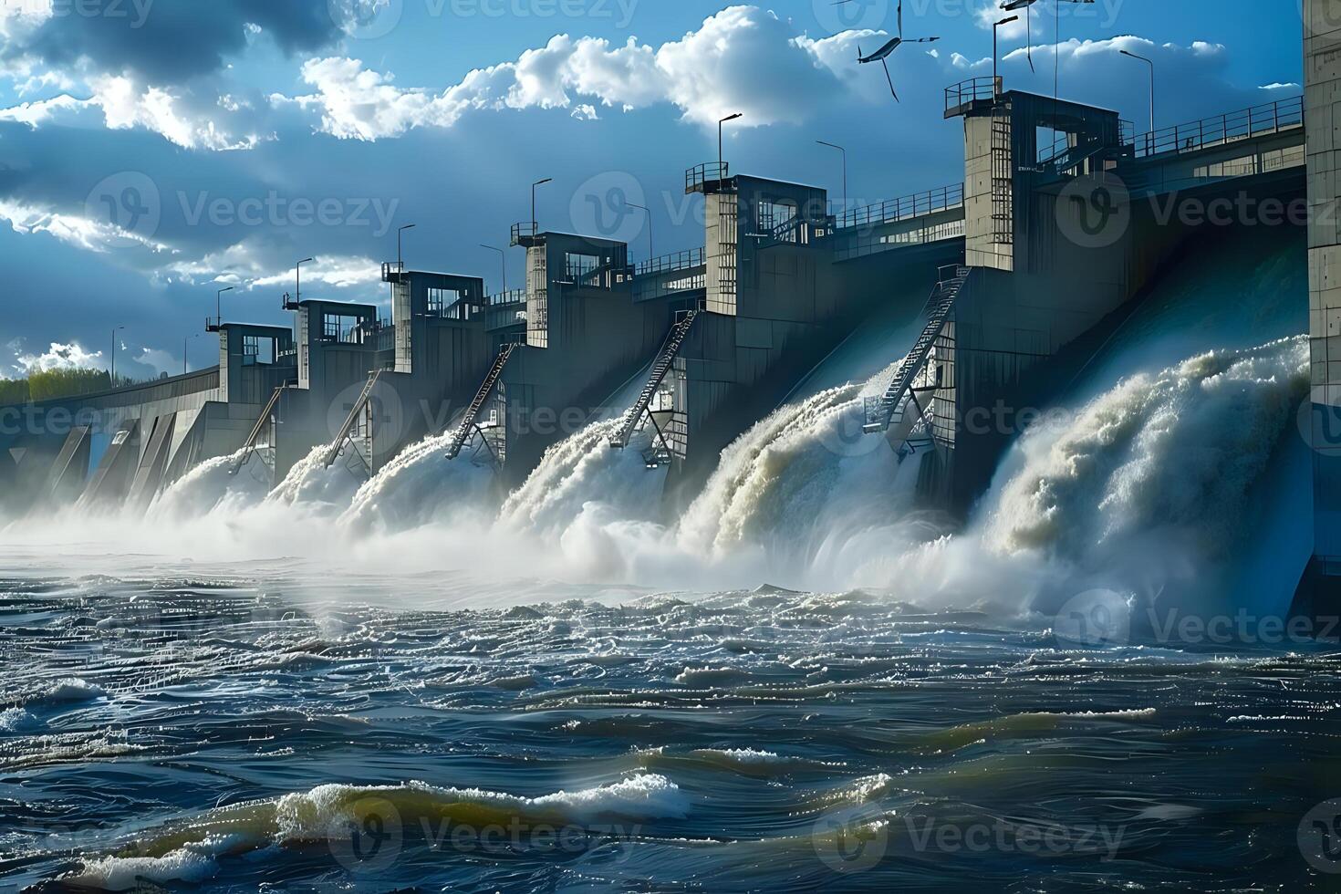 Mighty Dam's Water Power. A River's Energy Transformed into Hydroelectric Power with Turbulent Water Flowing Through Gates, Creating Powerful Waves and Mist. Sustainable Energy for Brighter Future photo