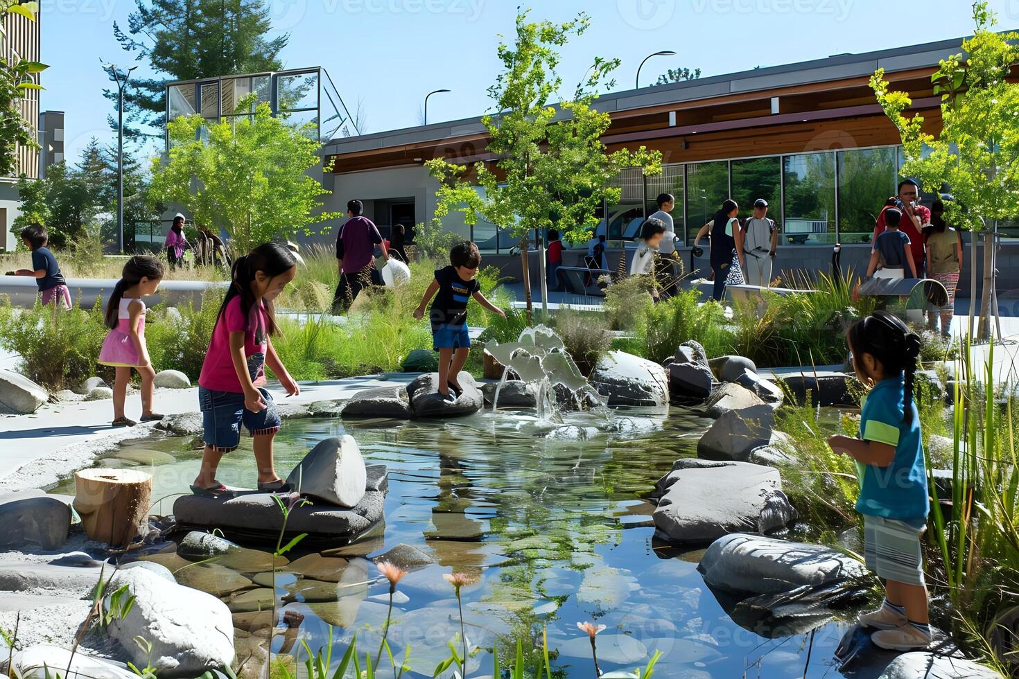 Children Playing Joyfully Near a Water Feature in a Tranquil Outdoor Setting, Surrounded by Lush Greenery and Modern Architecture on a Sunny Day. photo
