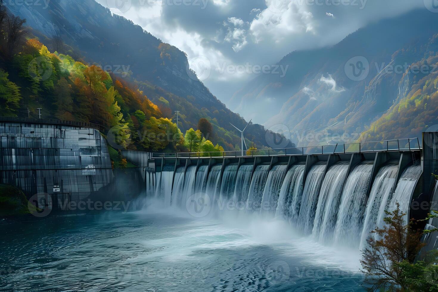 Majestic Dam's Water Flowing Over into a Serene Lake, Surrounded by Lush Autumn Foliage and a Wind Turbine in the Background, Representing Renewable Energy and the Beauty of Nature. photo