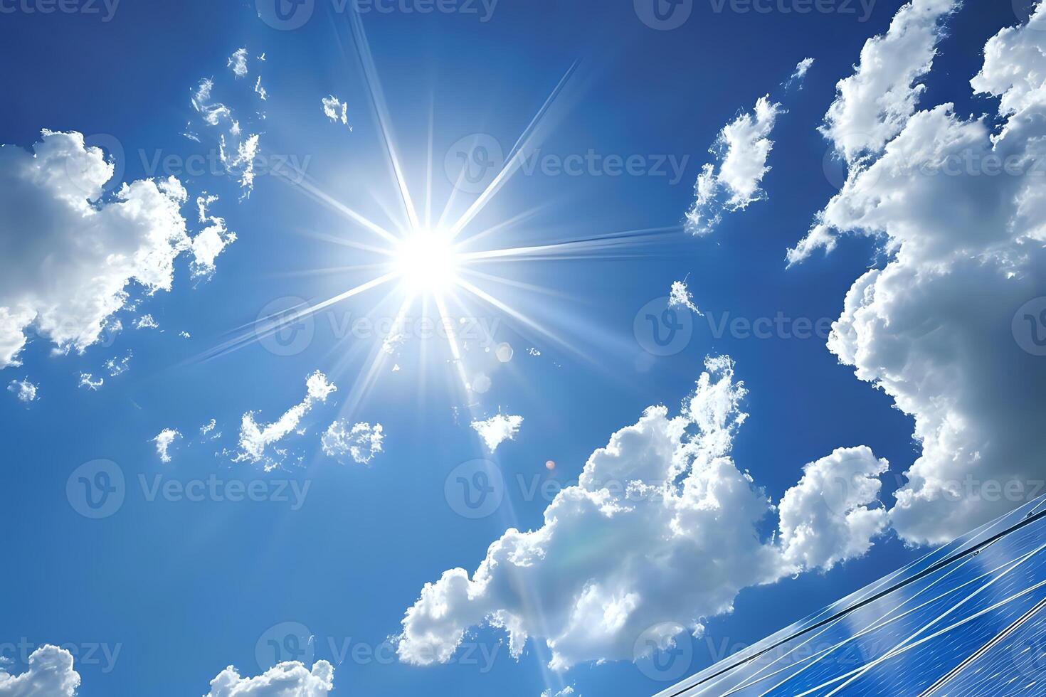 Harnessing the Sun's Power. Solar Panels Basking in Bright Sunlight and Fluffy Clouds, A Clean Energy Solution for a Sustainable Future. photo