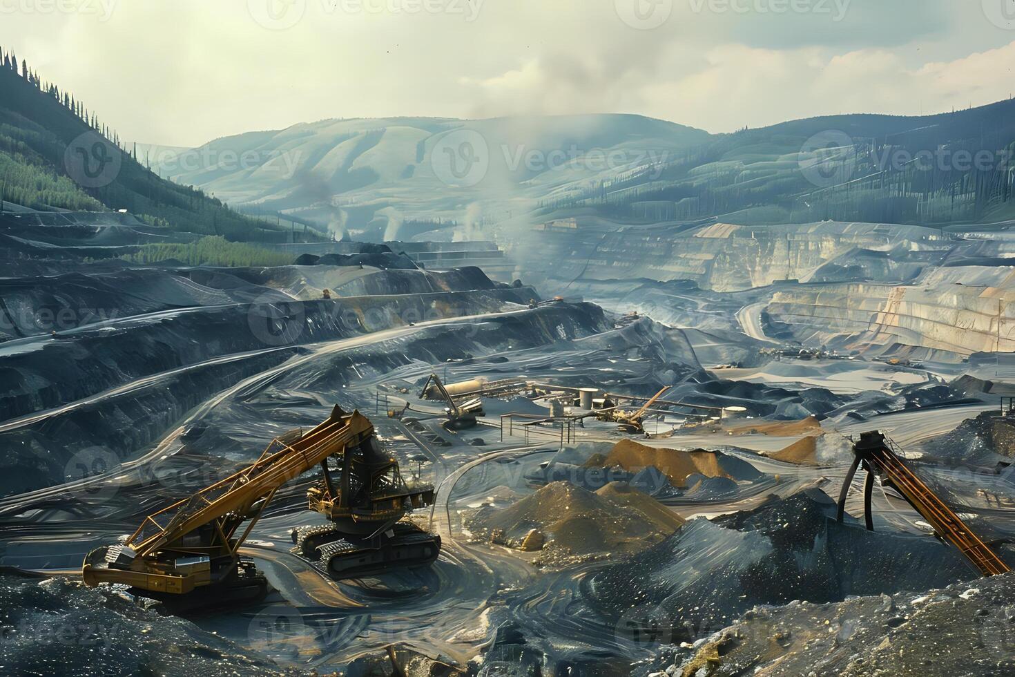 Open-Pit Mining. Heavy Machinery Extracts Resources from Mountainous Terrain, Transforming Landscapes with Industrial Processes. Environmental Impact and Resource Extraction in a Changing World. photo