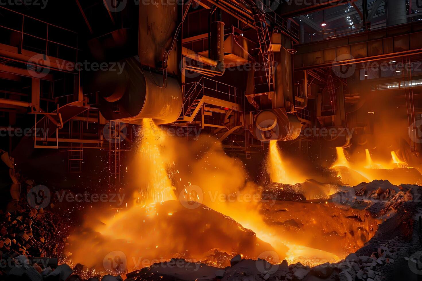Molten Metal Streams Flowing into Furnace. Intense Heat and Glowing Rivers of Liquid Metal in Industrial Setting, Witnessing the Powerful Spectacle of Metal Production, photo