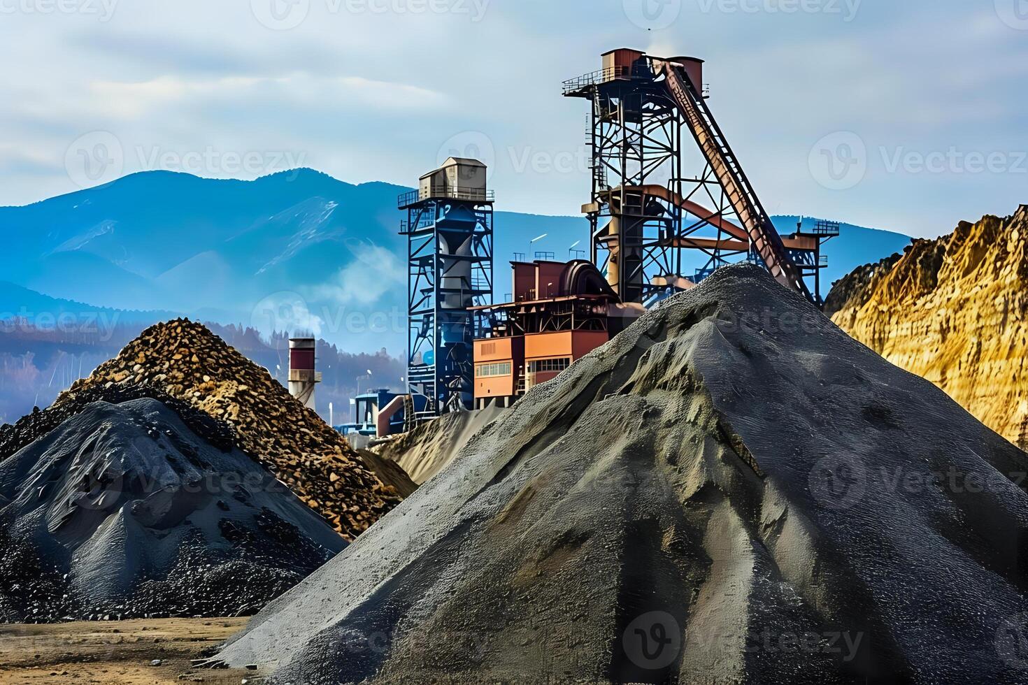 Industrial Processing Plant. Conveying and Sorting Raw Materials Efficiently in a Mountainous Landscape with Advanced Machinery, Displaying Efficient Resource Management Techniques. photo