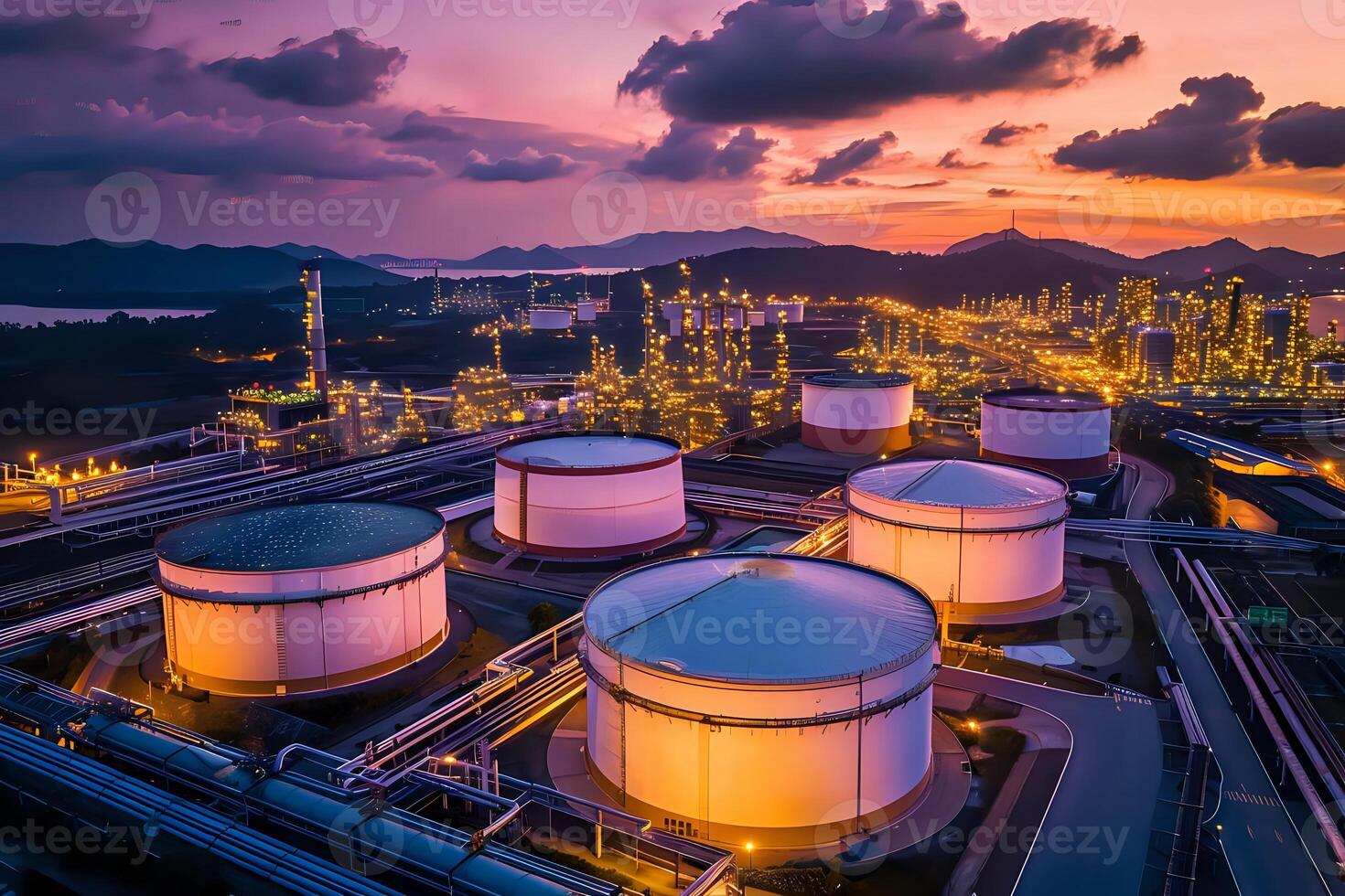 Aerial View of Industrial Refinery Complex at Sunset. Illuminating Storage Tanks, Processing Units, and Pipelines Underneath a Dramatic Sky, Showcasing the Scale and Complexity of Modern Petroleum photo