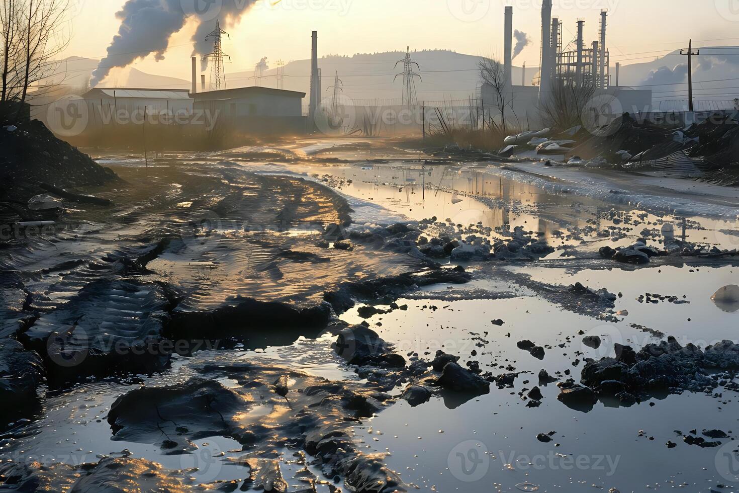 Industrial Pollution Reflects in Muddy Water near Factories at Dawn, Showing Environmental Degradation and the Impact of Industrial Waste on the Ecosystem, photo