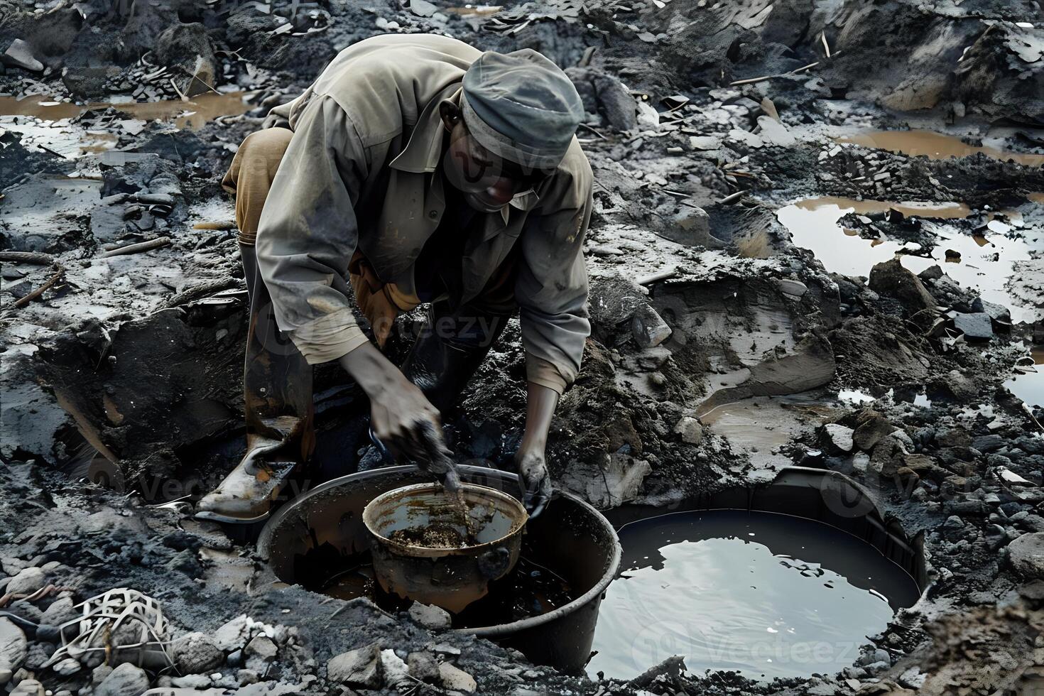 A Worker Carefully Separates and Processes Materials in a Debris-Filled Landscape, Utilizing Basic Tools and Containers amidst Challenging Conditions. photo