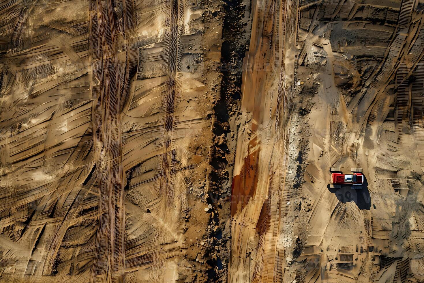Aerial View Reveals Intricate Patterns of Tire Tracks Across a Vast, Sandy Landscape, a Single Vehicle Traversing the Terrain, Illustrating Industrial Processes and Geological Formations photo
