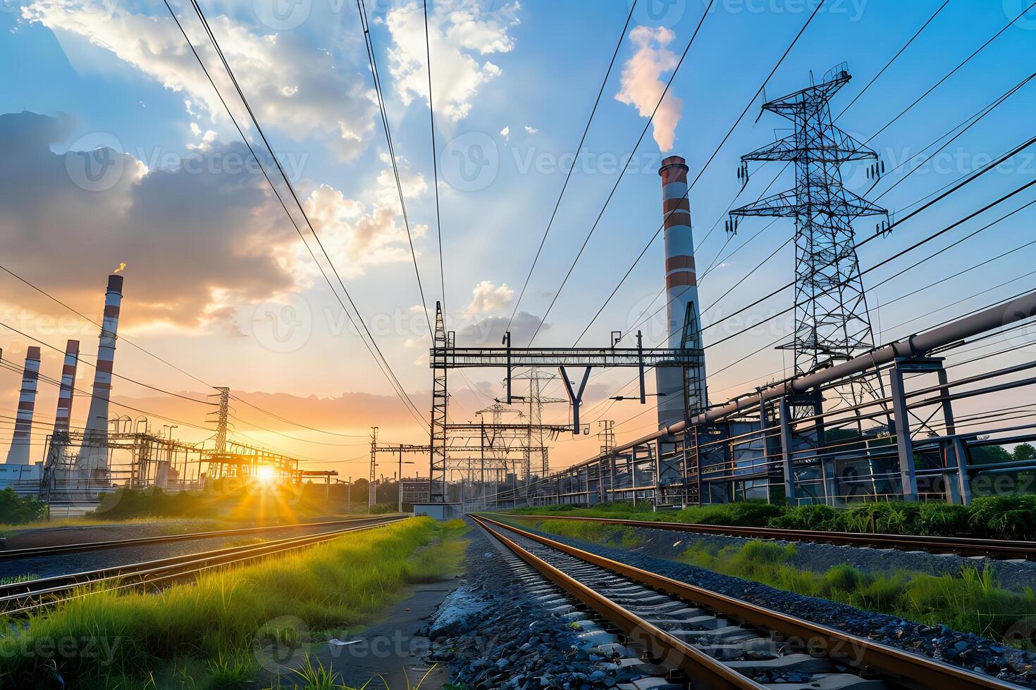 Sunset View of Industrial Power Plant with Railway Tracks, Smoke Stacks, High Voltage Towers, and Transmission Lines at Golden Hour, Showing Industrial Infrastructure and Energy Generation Processes photo