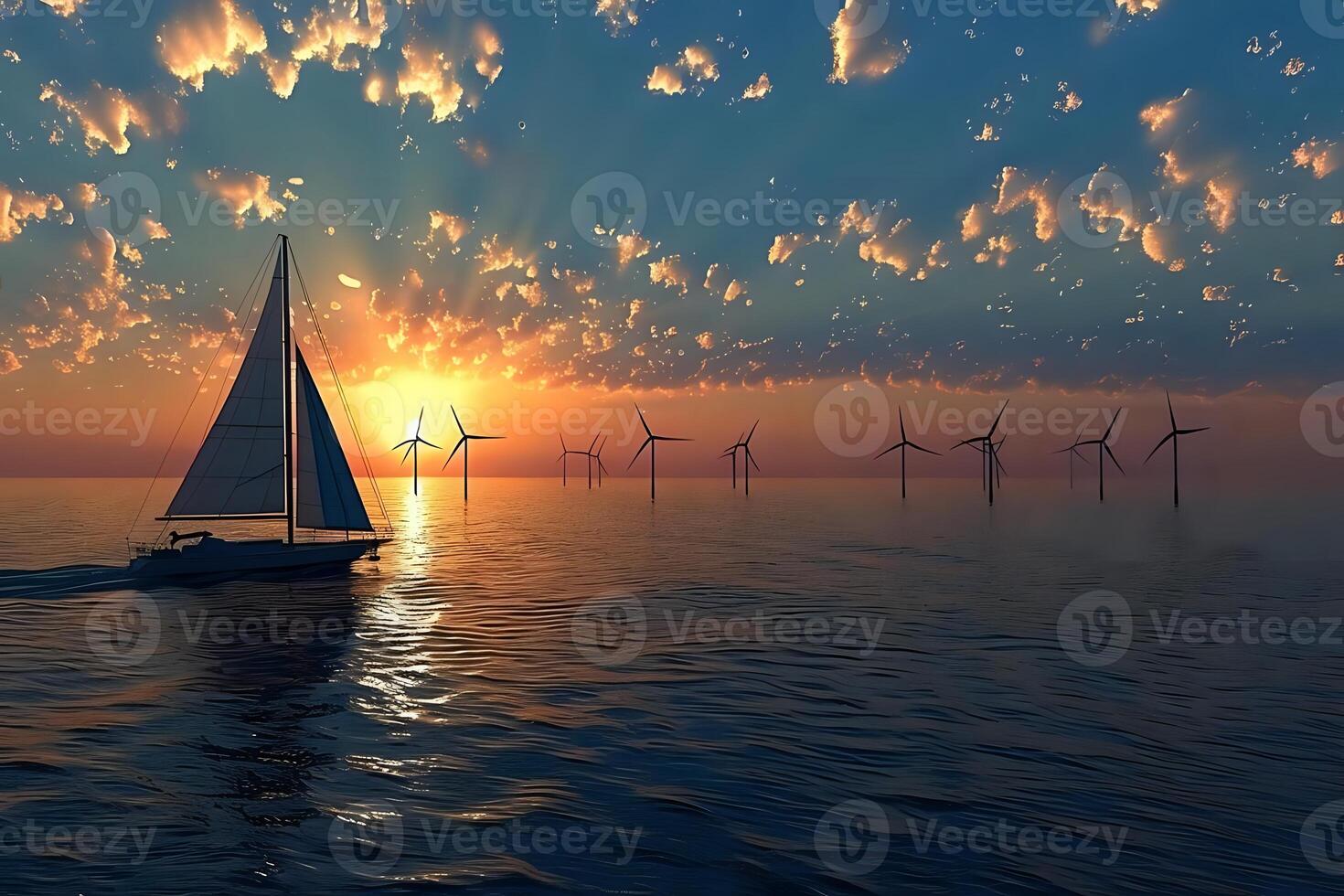 Sailboat glides serenely across the ocean at sunset, passing offshore wind turbines generating clean energy, a picturesque scene of renewable power and tranquil sailing. photo