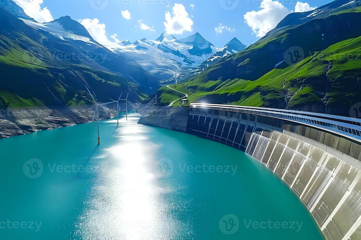 Majestic Mountain Reservoir. Wind Turbines Generate Clean Energy by Harnessing the Power of Water and Wind in a Breathtaking Alpine Setting. Sustainable Solutions for a Greener Future. photo
