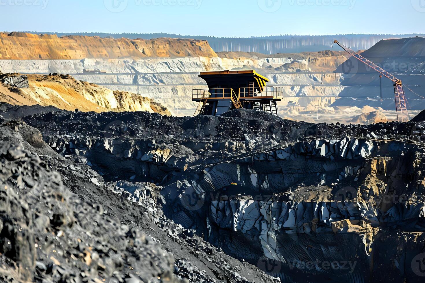 Open-Pit Mining. Excavating Coal Resources with Heavy Machinery in a Vast Quarry, Daytime Sunlight Illuminating the Landscape. Industrial Extraction of Fossil Fuels and Environmental Impact Assessment photo