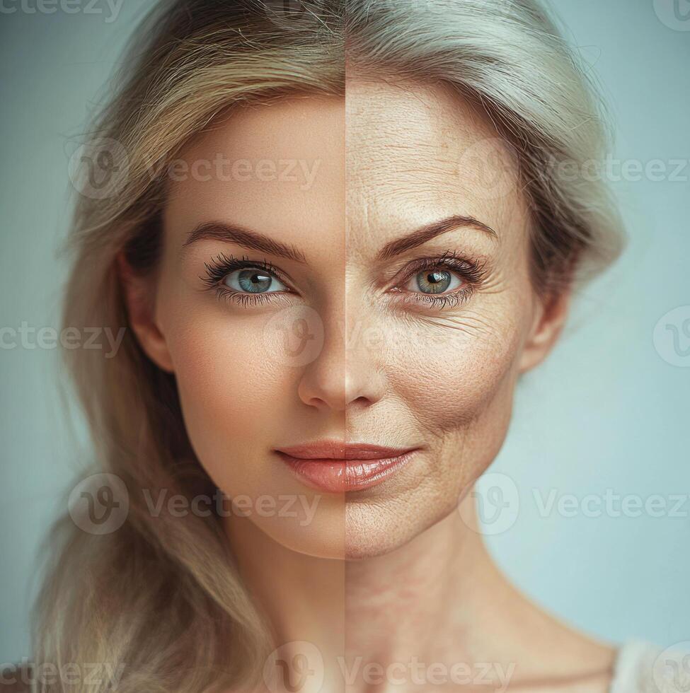 Transformation of a woman's face demonstrating aging effects side by side for comparison purposes photo